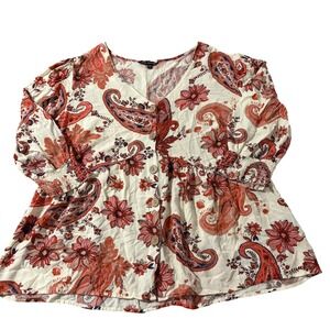 Unique Spectrum Paisley Floral Peplum Blouse 1X Ivory Coral Rayon Button Front